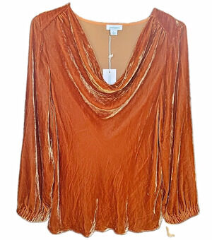 Sundance Silk Blend Velvet Cowl Neck Blouse Women's L Copper Boho Luxe Romantic